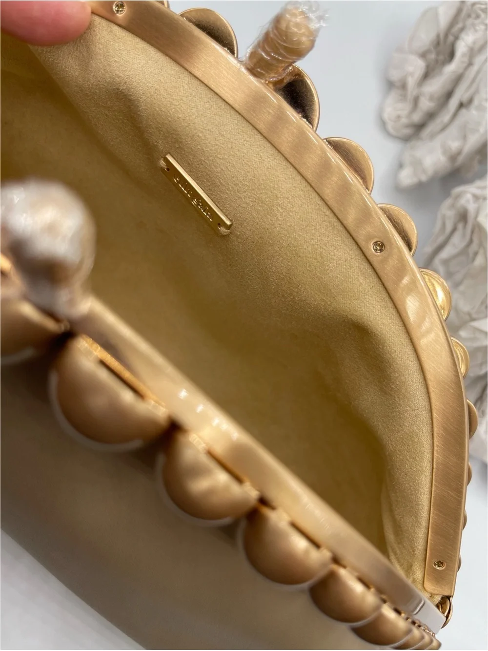 CULT GAIA Una Gold Pearl Detail Leather Sand Dollar Clutch - Picture 8 of 11